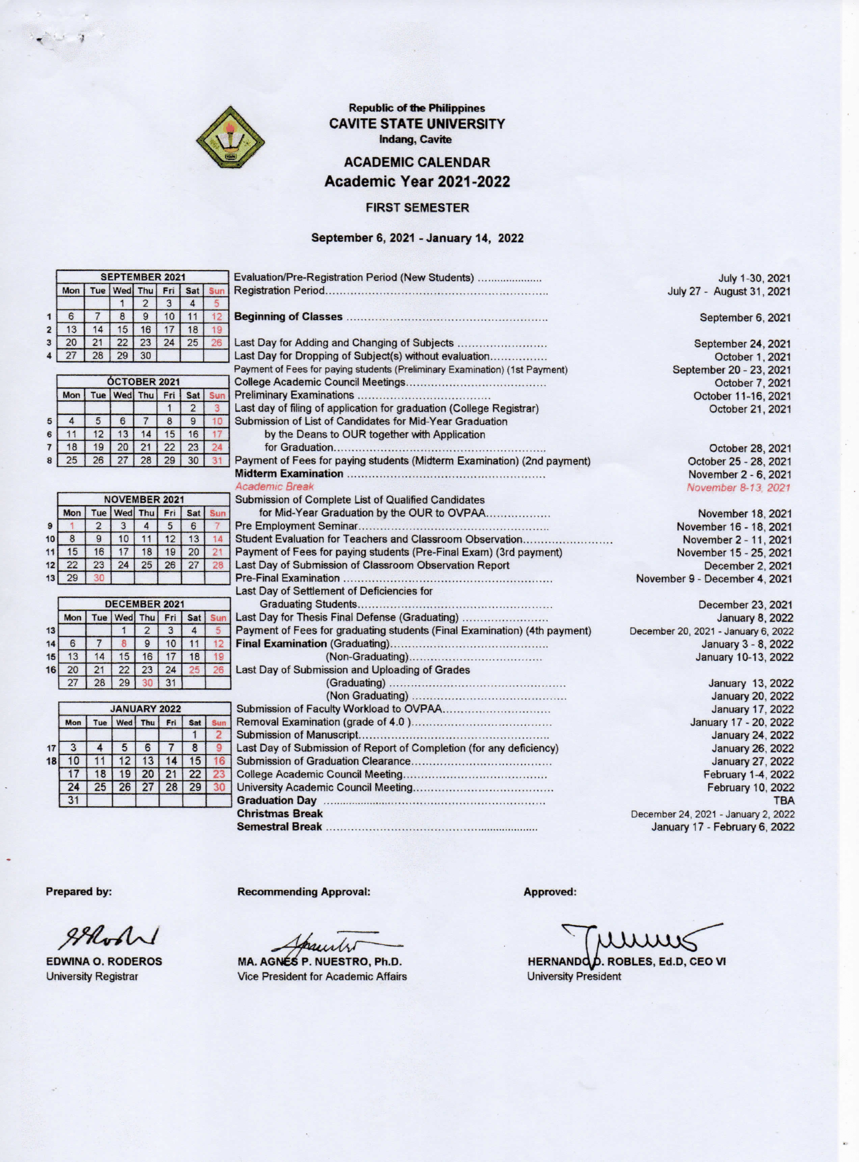 U Of U Academic Calendar 2022 Academic Calendar A.y. 2021-2022 - Cavite State University - Ccat